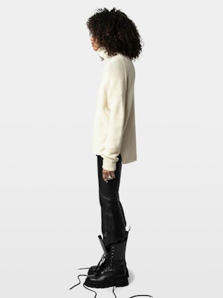 Jumper Almy 100% merino wool - Long oversized Jumper with high neck and contrast tweed "Peace" message.