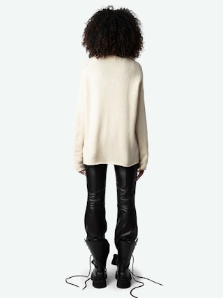 Almy Jumper 100% Merino Wool - Loose long jumper with high neck and "Peace" message in contrasting tweed.