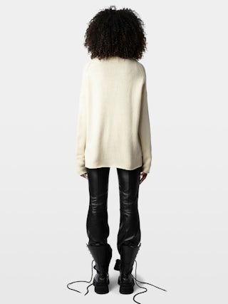 Jumper Almy 100% merino wool - Long oversized Jumper with high neck and contrast tweed "Peace" message.