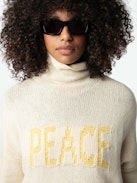 Pull Almy 100% Laine Merinos - Pull ample long en 100% laine mérinos jaune claire à col montant et message "Peace" en tweed contrasté.