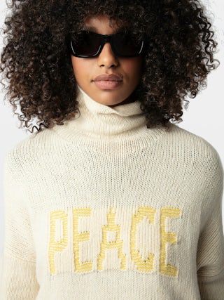 Jumper Almy 100% merino wool - Long oversized Jumper with high neck and contrast tweed "Peace" message.