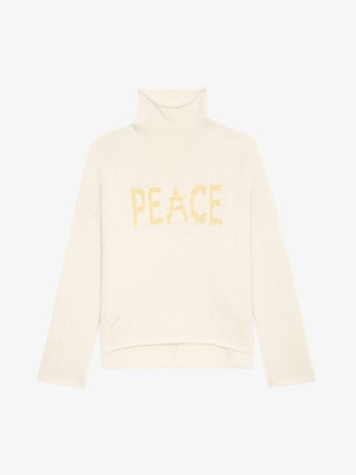 Almy Jumper 100% Merino Wool - Loose long jumper with high neck and "Peace" message in contrasting tweed.