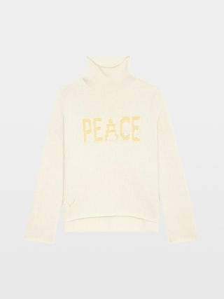 Jumper Almy 100% merino wool - Long oversized Jumper with high neck and contrast tweed "Peace" message.