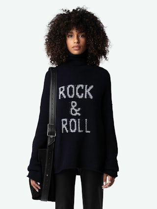Almy Jumper 100% Merino Wool - Long oversized jumper with high neck and "Rock & Roll" message in contrasting tweed.