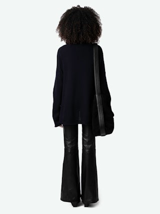 Almy Jumper 100% Merino Wool - Long oversized jumper with high neck and "Rock & Roll" message in contrasting tweed.