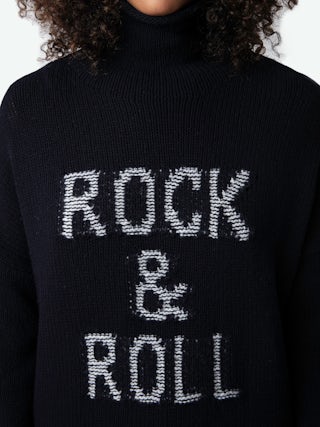 Almy Jumper 100% Merino Wool - Long oversized jumper with high neck and "Rock & Roll" message in contrasting tweed.