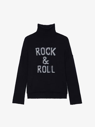 Almy Jumper 100% Merino Wool - Long oversized jumper with high neck and "Rock & Roll" message in contrasting tweed.