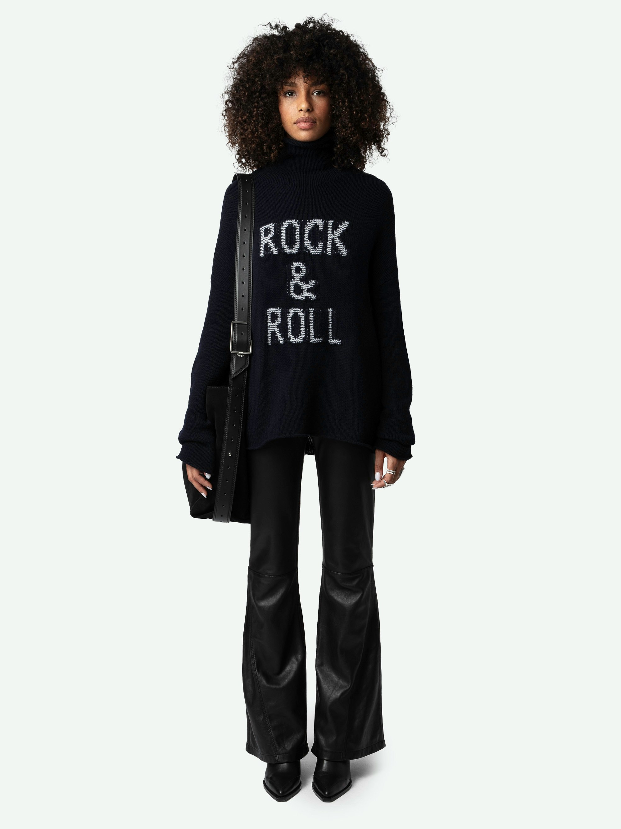 Almy Sweater - Long, loose-fitting sweater in navy blue merino wool with funnel neck and "Rock & Roll" message in contrasting tweed.