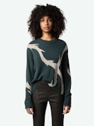 Markus Cashmere Sweater - Long-sleeved, loose-fitting sweater in green cashmere with plant motif and metallic embroidery.