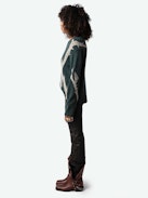 Markus Cashmere Sweater - Long-sleeved, loose-fitting sweater in green cashmere with plant motif and metallic embroidery.