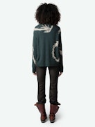 Markus Cashmere Sweater - Long-sleeved, loose-fitting sweater in green cashmere with plant motif and metallic embroidery.