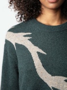 Markus Cashmere Sweater - Long-sleeved, loose-fitting sweater in green cashmere with plant motif and metallic embroidery.