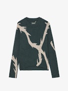 Markus Cashmere Sweater - Long-sleeved, loose-fitting sweater in green cashmere with plant motif and metallic embroidery.