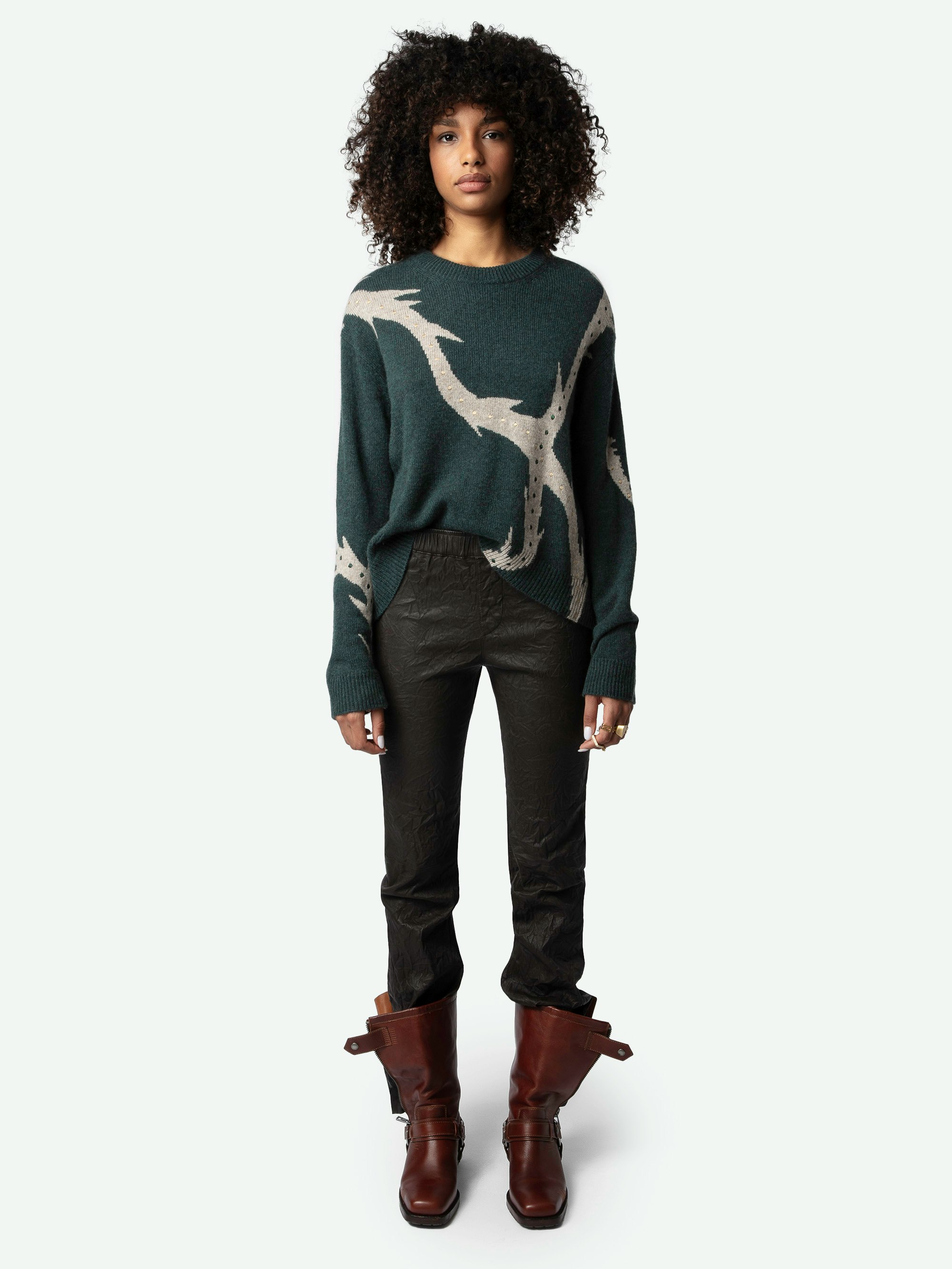 Markus Jumper 100% Cashmere - Long-sleeved, loose-fitting jumper in green 100% cashmere with plant motif and metallic embroidery.