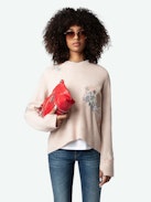 Markus Cashmere Sweater - Long-sleeved, loose-fitting sweater in pale pink cashmere with floral motifs and embroidery and the message "L'amour & All The Feelings".