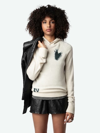 Moony Jumper 100% Cashmere - Hooded jumper with intarsia motifs and metallic embroideries heart and ZV signature.
