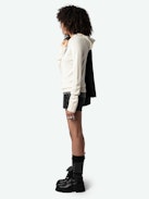 Moony Cashmere Sweater - Ecru cashmere hooded sweater with intarsia motifs and metallic heart embroidery, "Hello Stop Breaking Hearts" message and ZV signature.