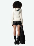 Moony Cashmere Sweater - Ecru cashmere hooded sweater with intarsia motifs and metallic heart embroidery, "Hello Stop Breaking Hearts" message and ZV signature.