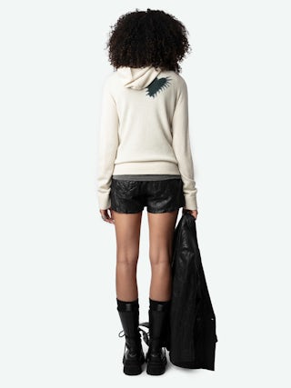 Moony Jumper 100% Cashmere - Hooded jumper with intarsia motifs and metallic embroideries heart and ZV signature.