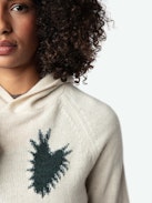 Moony Cashmere Sweater - Ecru cashmere hooded sweater with intarsia motifs and metallic heart embroidery, "Hello Stop Breaking Hearts" message and ZV signature.