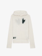 Moony Cashmere Sweater - Ecru cashmere hooded sweater with intarsia motifs and metallic heart embroidery, "Hello Stop Breaking Hearts" message and ZV signature.