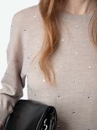 Jersey Kansy con Strass 100% Lana Merina - Jersey beis de 100% lana merina con mangas 3/4 y cristales de strass en toda su superficie.