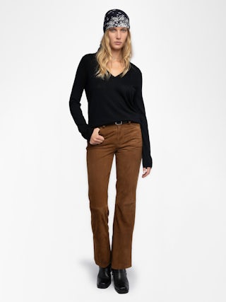 Rivy Jumper 100% Cashmere - Feather cashmere sweater with V-neck, long sleeves, wing embroidery on the back and worn-effect edges.