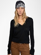 Jersey Rivy 100% Cachemir - Suéter de cachemir con plumas, cuello en pico, manga larga, bordado de alas en la espalda y bordes con efecto desgastado.