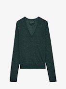 Pull Rivy 100% Cachemire - Pull en cachemire plume à col V, manches longues, broderie ailes au dos et bords effet usés.