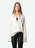 Halty Sweater - Long-sleeved beige cashmere and merino wool sweater with geometric patterns on elbows and contrasting mitered cuffs.