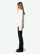Halty Sweater - Long-sleeved beige cashmere and merino wool sweater with geometric patterns on elbows and contrasting mitered cuffs.