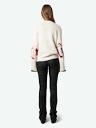 Halty Sweater - Long-sleeved beige cashmere and merino wool sweater with geometric patterns on elbows and contrasting mitered cuffs.