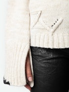 Halty Sweater - Long-sleeved beige cashmere and merino wool sweater with geometric patterns on elbows and contrasting mitered cuffs.