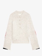 Halty Sweater - Long-sleeved beige cashmere and merino wool sweater with geometric patterns on elbows and contrasting mitered cuffs.
