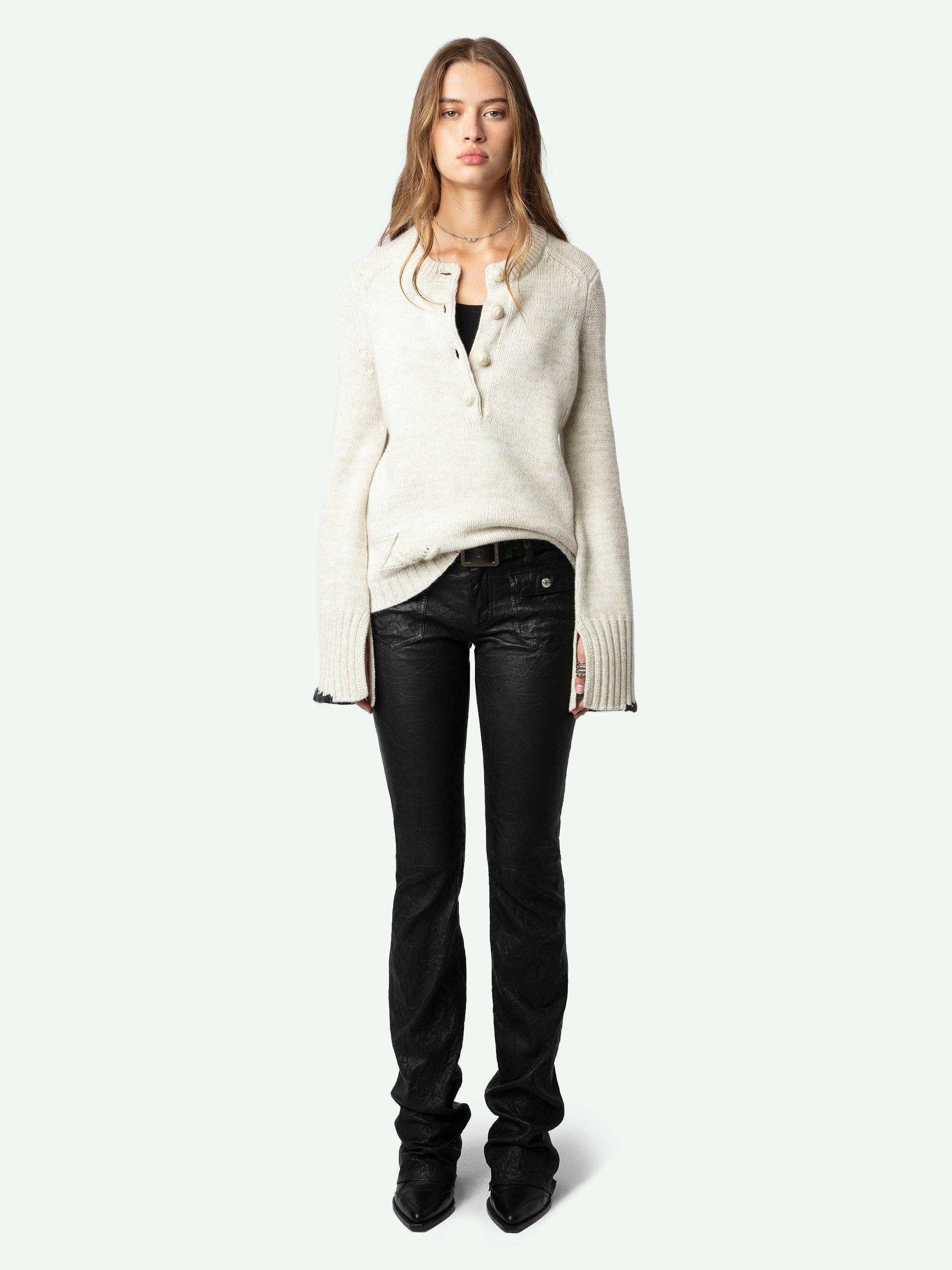 Halty Jumper - Long-sleeved beige cashmere and merino wool jumper with geometric patterns on elbows and contrasting mitered cuffs.