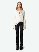 Halty Sweater - Long-sleeved beige cashmere and merino wool sweater with geometric patterns on elbows and contrasting mitered cuffs.