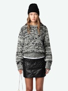 Teva Sweater - Black tweed-effect knit sweater with long puffed sleeves and buttons on the shoulder.