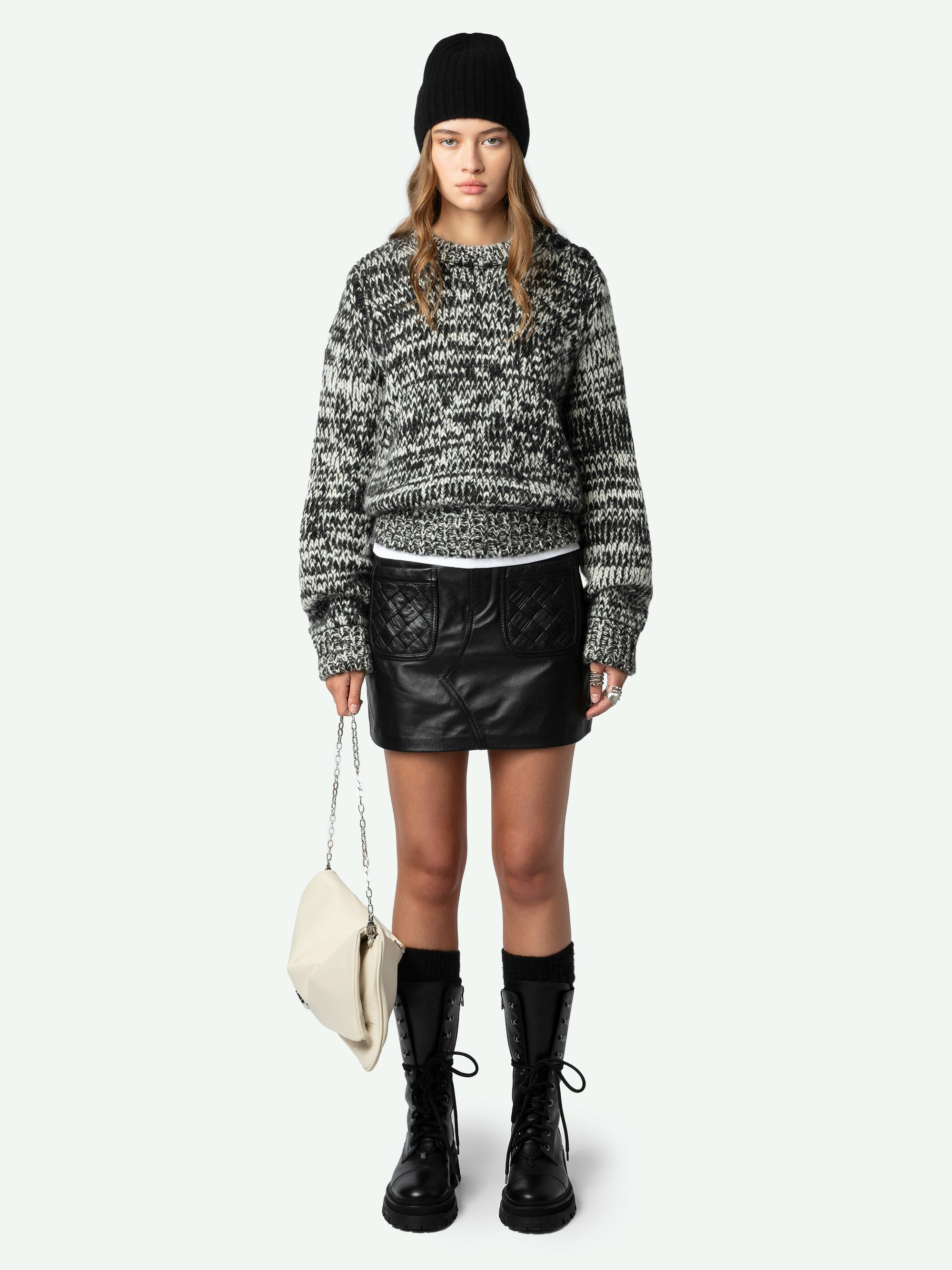 Teva Jumper - Black tweed-effect knit jumper with long puffed sleeves and buttons on the shoulder.