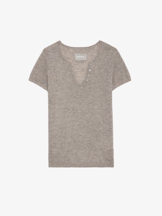 Jumper Celsy 100% Cashmere - Tunisian jumper with short sleeves, wing embroidery on the back and worn-effect edges.