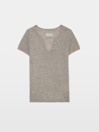 Jumper Celsy 100% Cashmere - Short-sleeve Henley jumper with Signature wings embroidery at back and distressed ribbed edges.