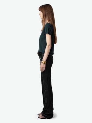 Jumper Celsy 100% Cashmere - Tunisian jumper with short sleeves, wing embroidery on the back and worn-effect edges.