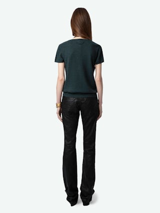 Jumper Celsy 100% Cashmere - Tunisian jumper with short sleeves, wing embroidery on the back and worn-effect edges.