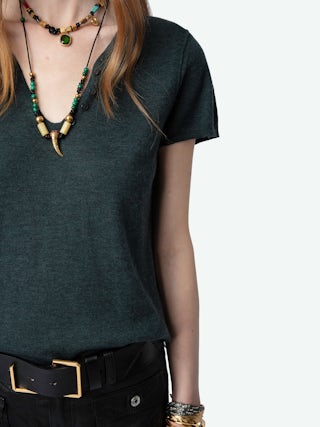 Jumper Celsy 100% Cashmere - Tunisian jumper with short sleeves, wing embroidery on the back and worn-effect edges.