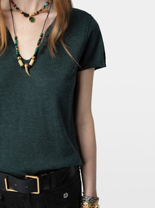 Jumper Celsy 100% Cashmere - Henley jumper with short sleeves, signature wings embroidery at the back and distressed-effect ribbed trims.