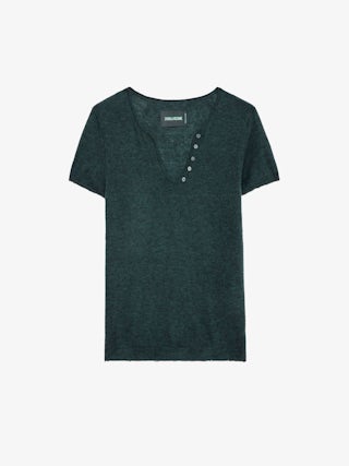 Jumper Celsy 100% Cashmere - Tunisian jumper with short sleeves, wing embroidery on the back and worn-effect edges.