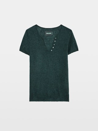 Jumper Celsy 100% Cashmere - Henley jumper with short sleeves, signature wings embroidery at the back and distressed-effect ribbed trims.