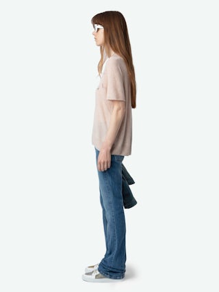 Ida 100% Cashmere Jumper - Short-sleeved jumper with gradient rhinestone wings at the front.