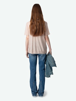 Ida 100% Cashmere Jumper - Short-sleeved jumper with gradient rhinestone wings at the front.