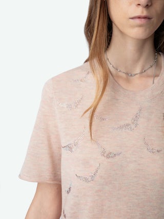Ida 100% Cashmere Jumper - Short-sleeved jumper with gradient rhinestone wings at the front.