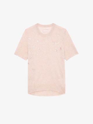 Ida 100% Cashmere Jumper - Short-sleeved jumper with gradient rhinestone wings at the front.